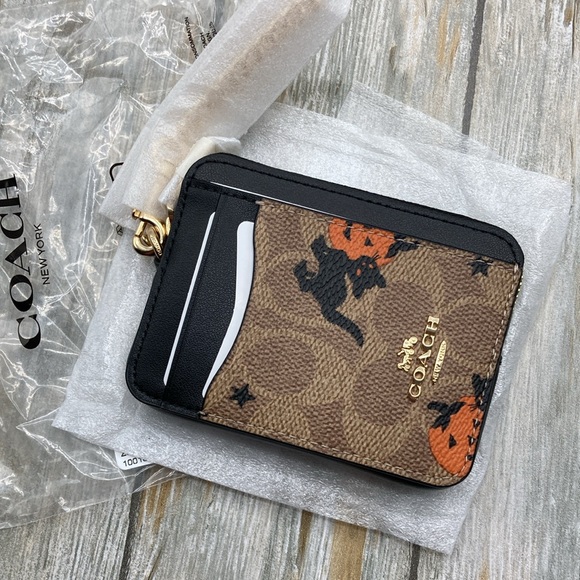 Zip Card Case In Signature Canvas With Halloween Print Wallet Bag Purse - Picture 4 of 10